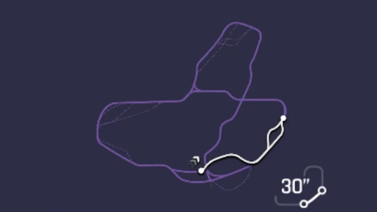 Route map for the Railroad Bustle variation of San Francisco in Asphalt Legends, with the active route highlighted and six decision points numbered from the standing start to the finish gate.