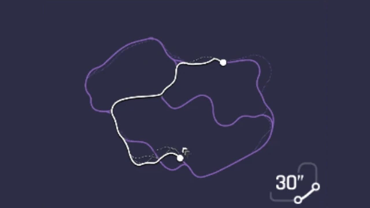Route map for the Riverine Launch variation of Tuscany in Asphalt Legends, with the active route highlighted and six decision points numbered from the riverbed start to the village finish.