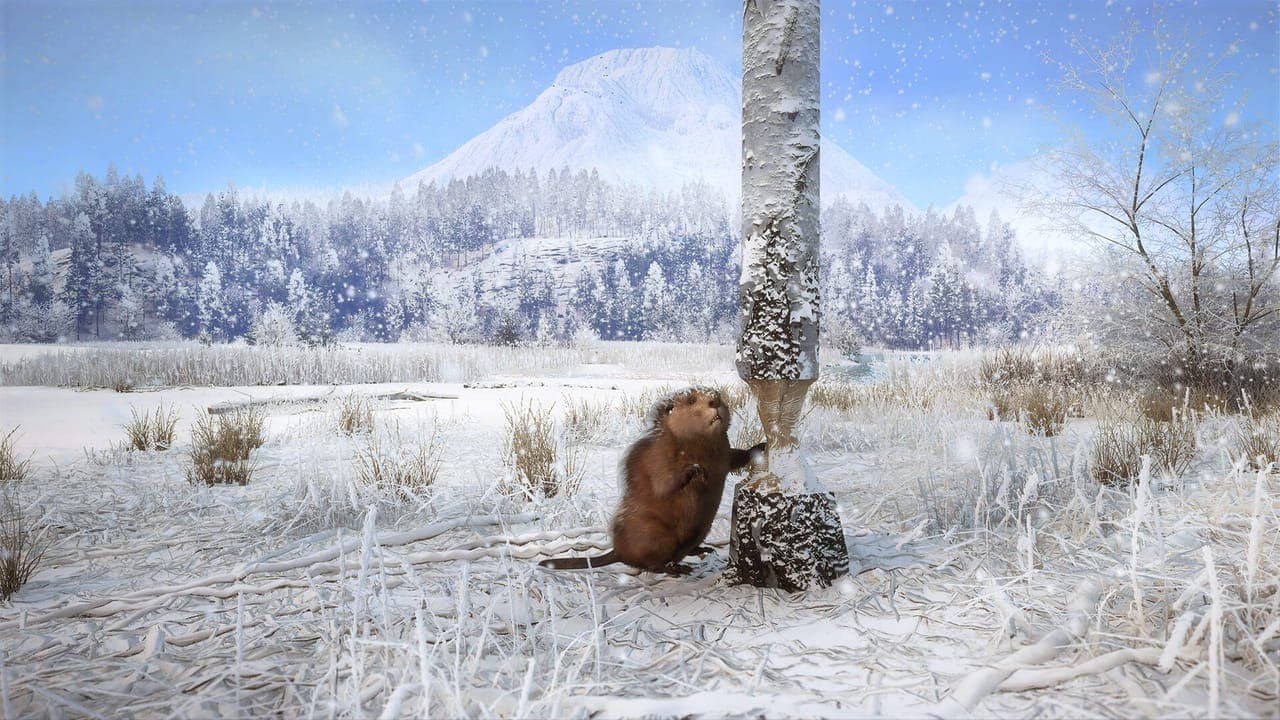 A beaver standing on its hind legs gnawing at a birch trunk in a snowy, frost-covered meadow, with a snow-capped mountain behind, in theHunter: Call of the Wild