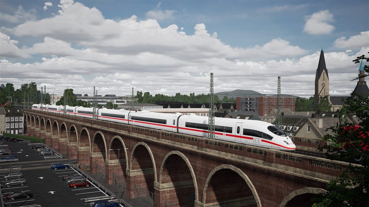 A white ICE high speed train crossing a brick arch viaduct above a town in Train Sim World