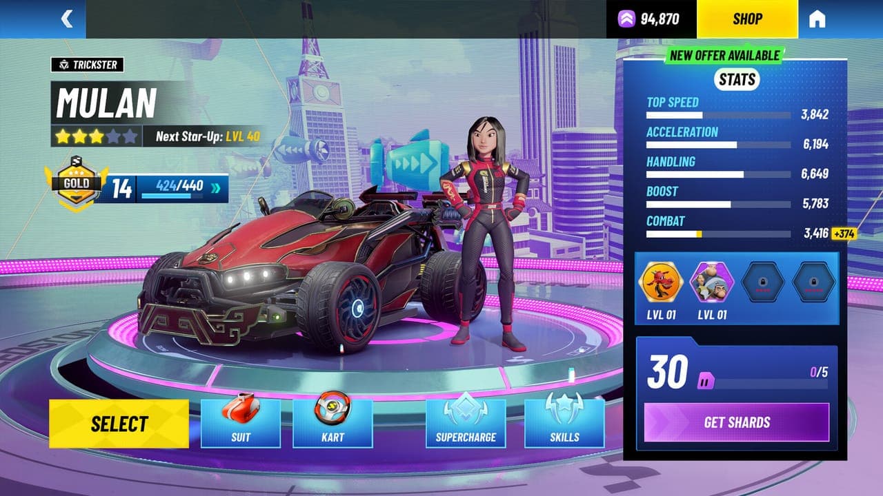 Mulan racer screen in Disney Speedstorm with the Trickster badge and bars for top speed, acceleration, handling, boost and combat