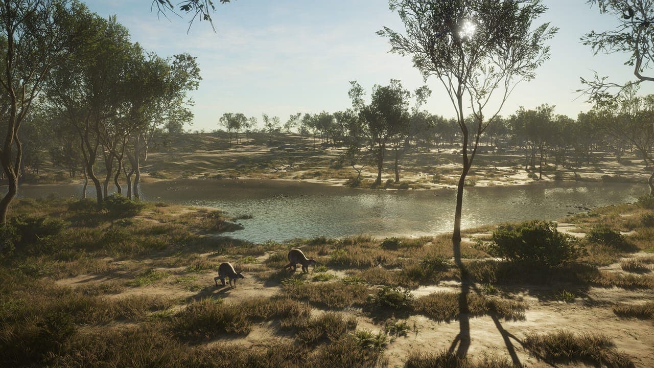 Two kangaroos beside a shallow waterhole in open eucalyptus woodland in theHunter: Call of the Wild
