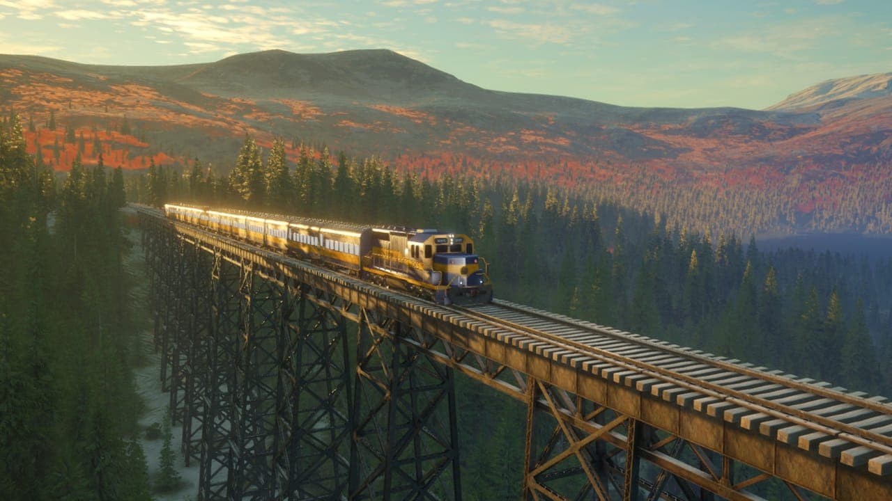 A train crossing a tall timber trestle bridge above forest with red and orange hillsides behind it in theHunter: Call of the Wild