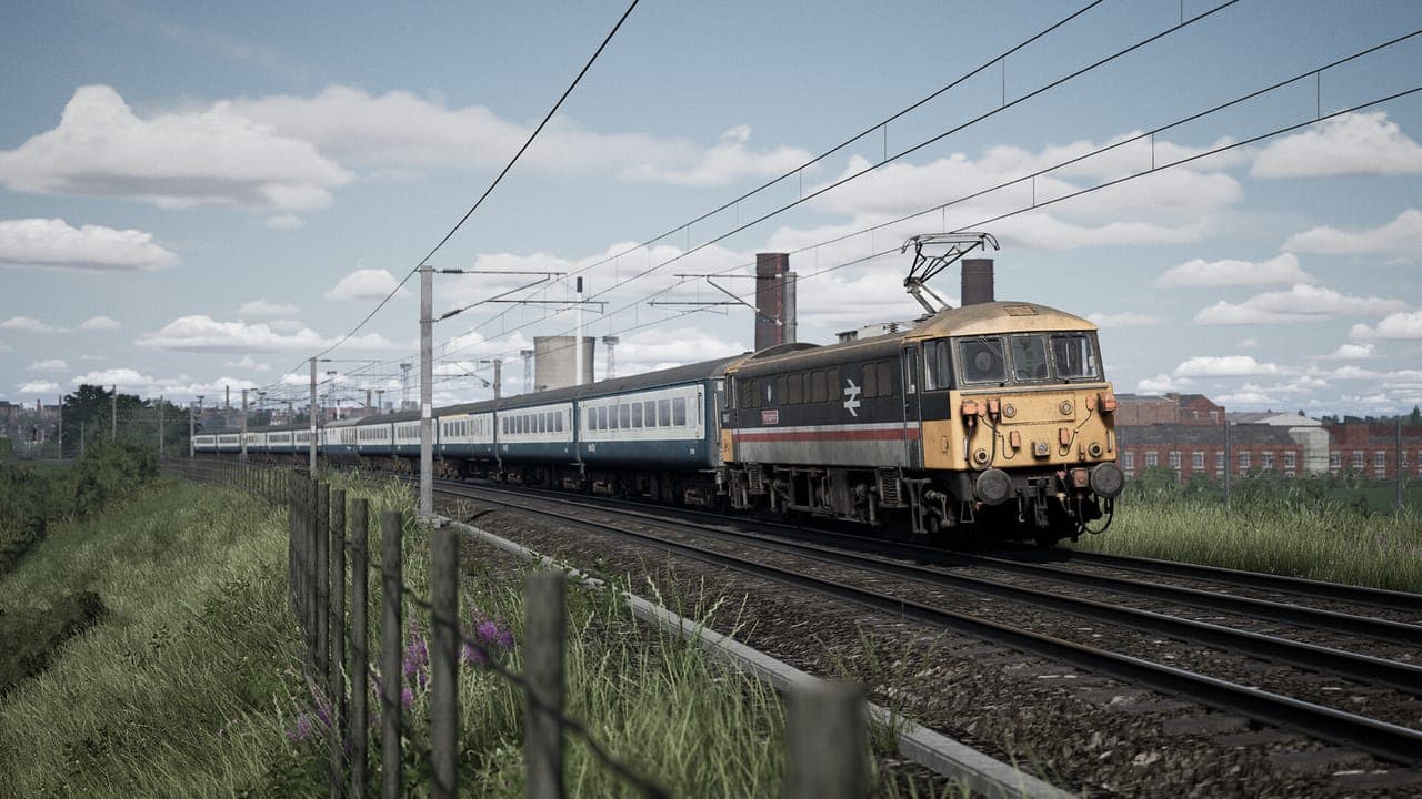 An electric locomotive in InterCity livery pulling a rake of passenger coaches under overhead wires beside a grassy embankment in Train Sim World