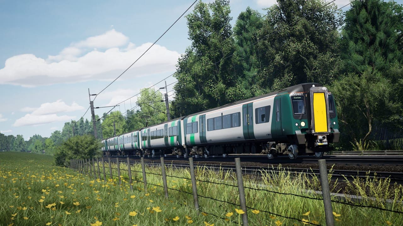 A green and white Class 350 electric multiple unit running past a meadow of yellow flowers and a wire fence under overhead wires in Train Sim World